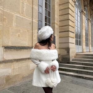 White Off-Shoulder Dress with Faux Fur Details